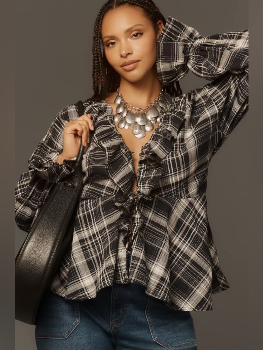 Anthropologie Pilcro Long-Sleeve Ruffled Plaid Blouse